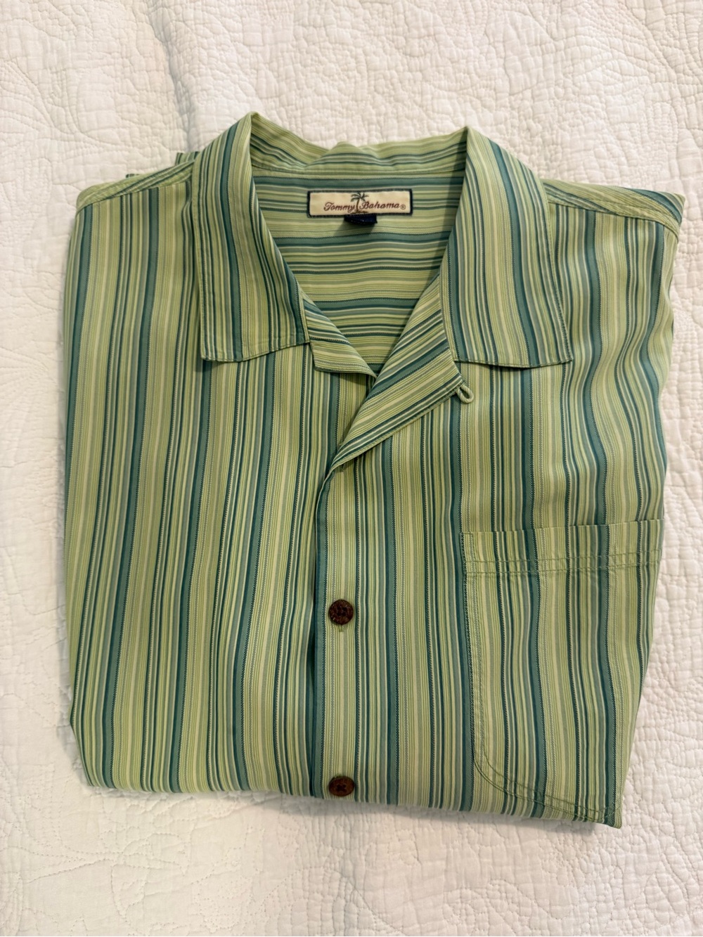 Tommy Bahama Green and Teal Striped Camp Shirt